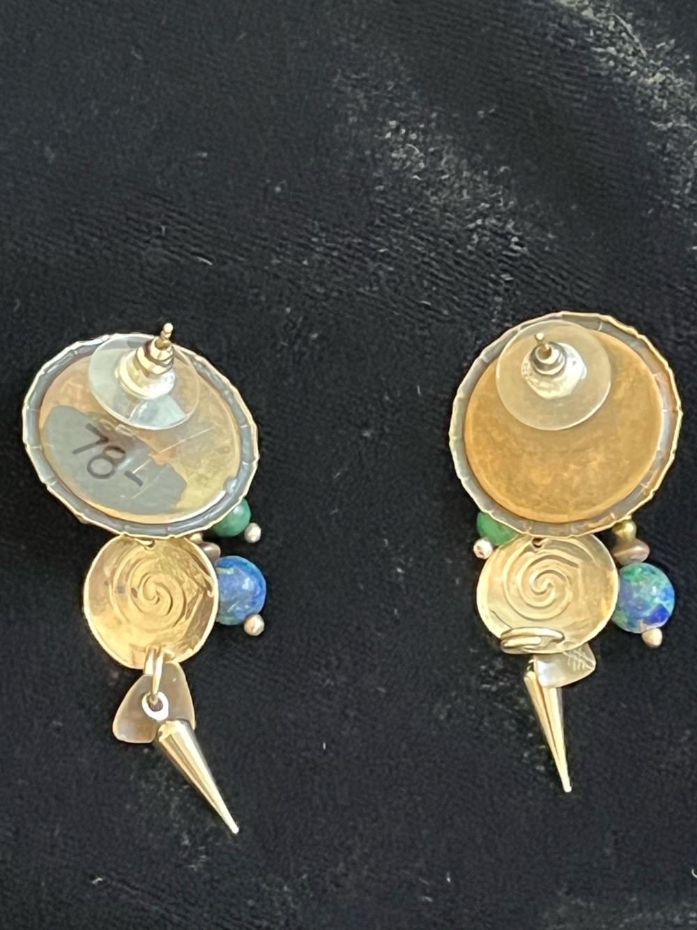 Vintage Tabra Earrings silver, brass with Green & Blue Beads - Picture 2 of 5